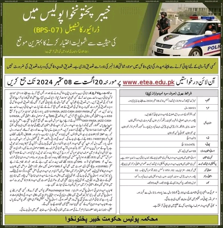 KPK Police Jobs Constable 2024 ETEA 